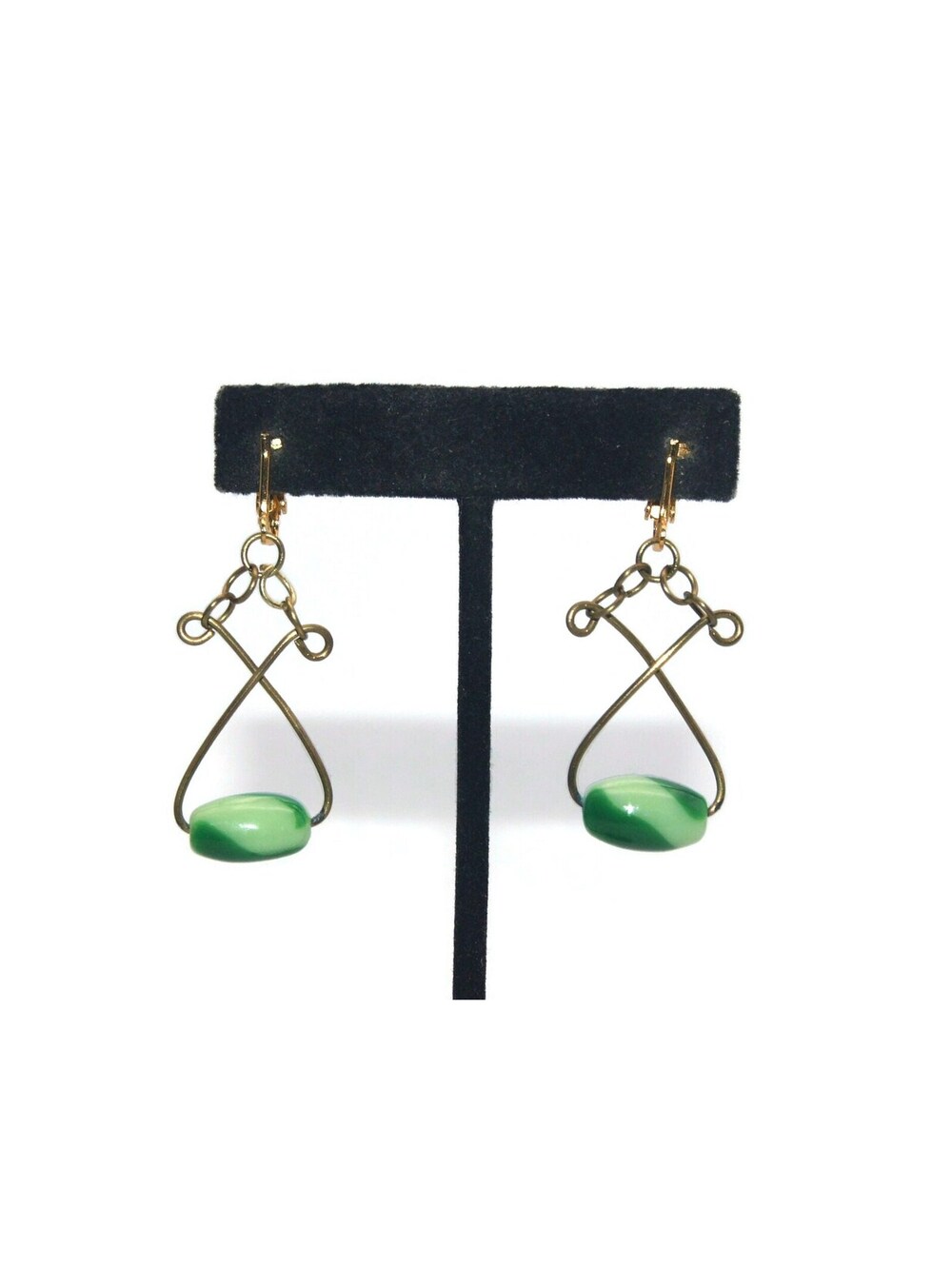 Vintage Gold Tone and Green Vintage Plastic Clip on Dangle Earrings.